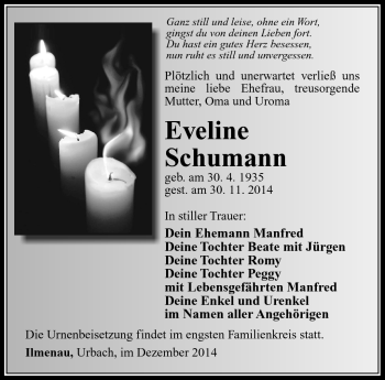 Traueranzeige von Eveline Schumann von Südthüringer Presse