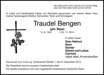 Traueranzeige von Traudel Bengen von Neue Presse Coburg