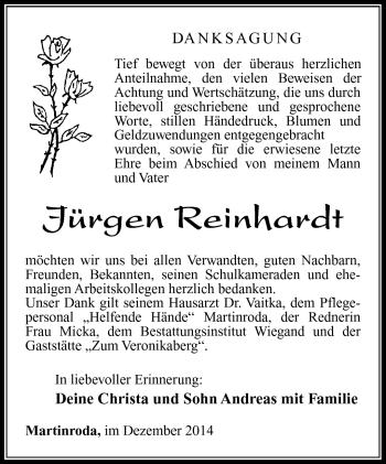 Traueranzeige von Jürgen Reinhardt von Südthüringer Presse