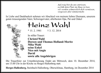 Traueranzeige von Heinz Wahl von Südthüringer Presse