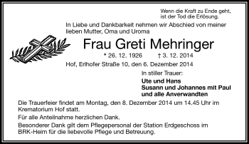 Traueranzeige von Greti Mehringer von Frankenpost