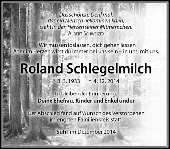 Traueranzeige von Roland Schlegelmilch von Südthüringer Presse