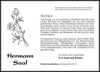 Traueranzeige von Hermann Saal von Südthüringer Presse