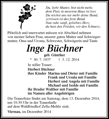 Traueranzeige von Inge Büchner von Südthüringer Presse