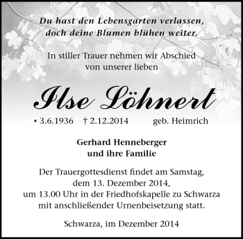 Traueranzeige von Ilse Löhnert von Südthüringer Presse