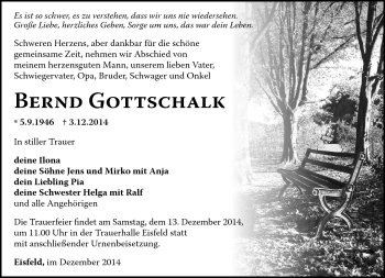 Traueranzeige von Bernd Gottschalk von Südthüringer Presse
