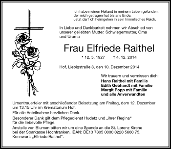 Traueranzeige von Elfriede Raithel von Frankenpost