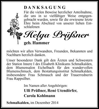 Traueranzeige von Helga Prüßner von Südthüringer Presse