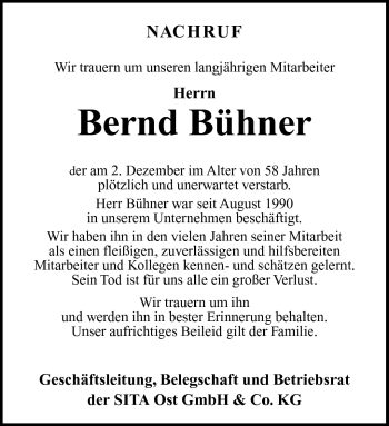 Traueranzeige von Bernd Bühner von Südthüringer Presse