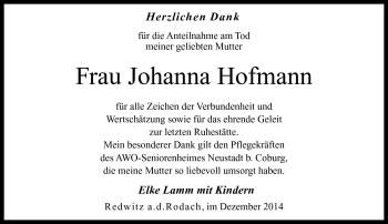 Traueranzeige von Johanna Hofmann von Neue Presse Coburg