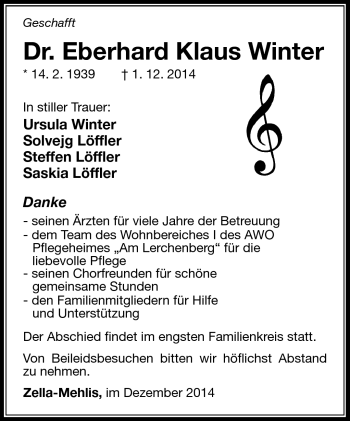 Traueranzeige von Eberhard Klaus Winter von Südthüringer Presse