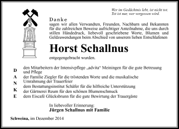 Traueranzeige von Horst Schallnus von Südthüringer Presse