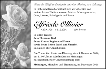 Traueranzeige von Elfriede Ollivier von Südthüringer Presse