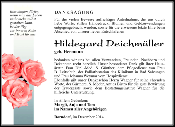 Traueranzeige von Hildegard Deichmüller von Südthüringer Presse