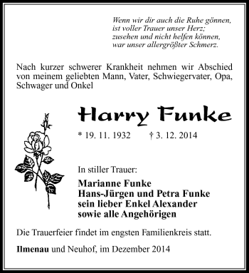 Traueranzeige von Harry Funke von Südthüringer Presse