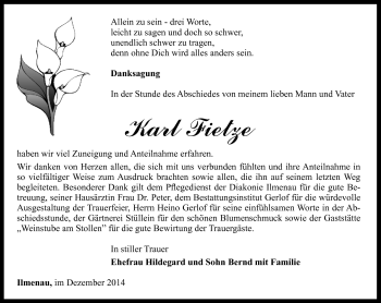 Traueranzeige von Karl Fietzke von Südthüringer Presse