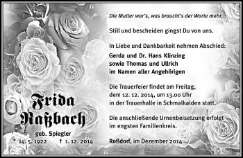 Traueranzeige von Frieda Raßbach von Südthüringer Presse