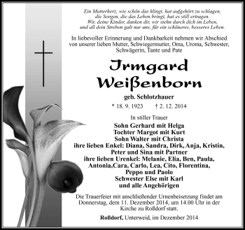 Traueranzeige von Irmgard Weißenborn von Südthüringer Presse