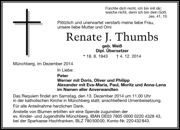 Traueranzeige von Renate J. Thumbs von Frankenpost