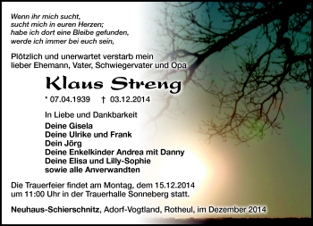 Traueranzeige von Klaus Streng von Südthüringer Presse