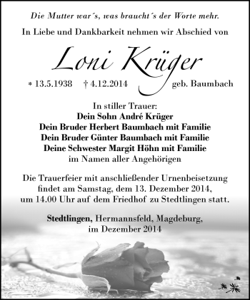 Traueranzeige von Helene Lonni Krüger von Südthüringer Presse