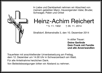 Traueranzeige von Heinz-Achim Reichert von Frankenpost