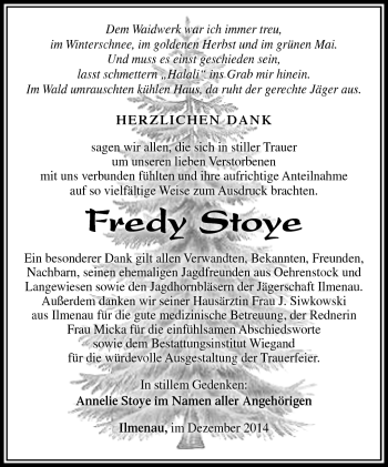 Traueranzeige von Fredy Stoye von Südthüringer Presse