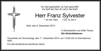 Traueranzeige von Franz Sylvester von Frankenpost