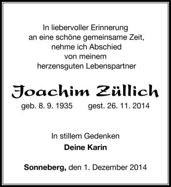 Traueranzeige von Joachim Züllich von Südthüringer Presse