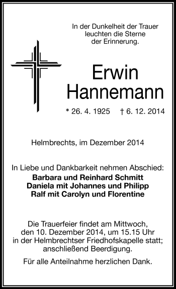 Traueranzeige von Erwin Hannemann von Frankenpost