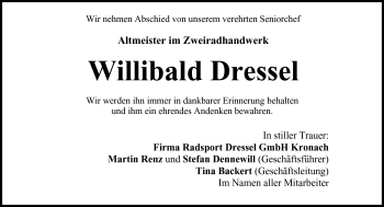 Traueranzeige von Willibald Dressel von Neue Presse Coburg