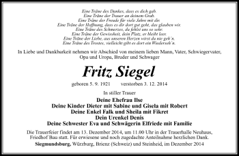 Traueranzeige von Fritz Siegel von Südthüringer Presse