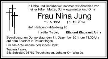 Traueranzeige von Nina Jung von Frankenpost