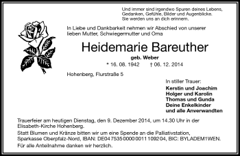 Traueranzeige von Heidemarie Bareuther von Frankenpost