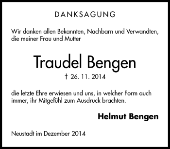 Traueranzeige von Traudel Bengen von Neue Presse Coburg