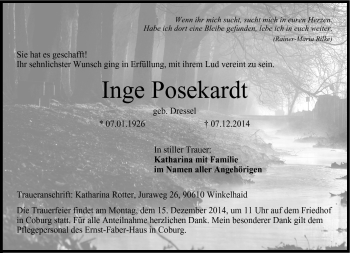 Traueranzeige von Inge Posekardt von Neue Presse Coburg