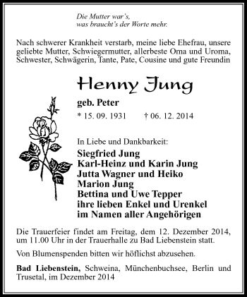 Traueranzeige von Henny Jung von Südthüringer Presse