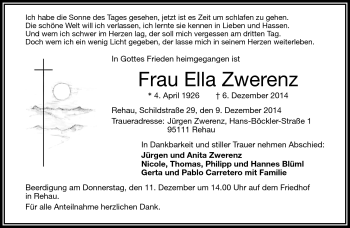 Traueranzeige von Ella Zwerenz von Frankenpost
