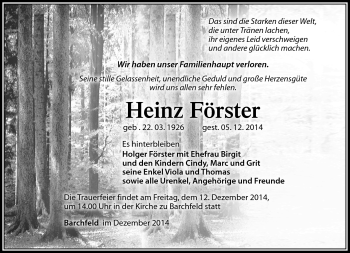 Traueranzeige von Heinz Förster von Südthüringer Presse