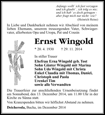Traueranzeige von Ernst Wingold von Südthüringer Presse