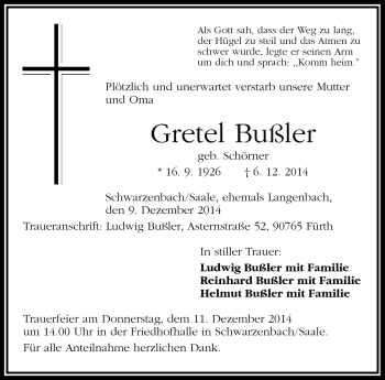 Traueranzeige von Gretel Bußler von Frankenpost