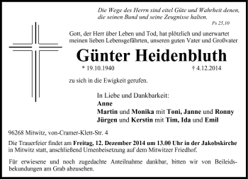 Traueranzeige von Günter Heidenbluth von Neue Presse Coburg