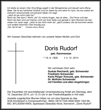 Traueranzeige von Doris Rudorf von Frankenpost