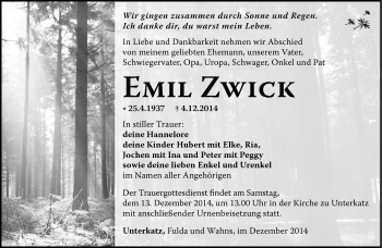 Traueranzeige von Emil Zwick von Südthüringer Presse