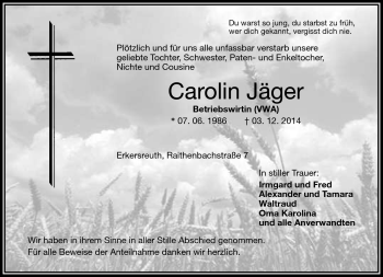 Traueranzeige von Carolin Jäger von Frankenpost