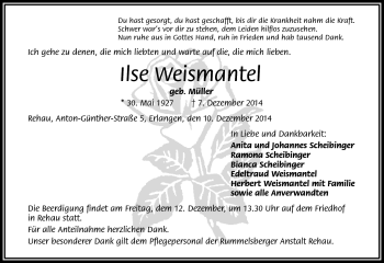 Traueranzeige von Ilse Weismantel von Frankenpost