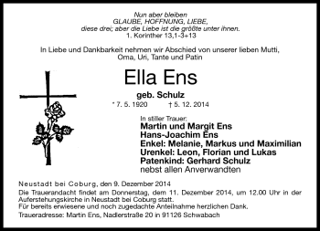 Traueranzeige von Ella Ens von Neue Presse Coburg