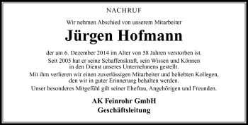 Traueranzeige von Jürgen HOfmann von Südthüringer Presse