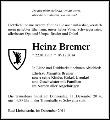 Traueranzeige von Heinz Bremer von Südthüringer Presse