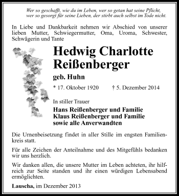 Traueranzeige von Hedwieg Charlotte Reißenberger von Südthüringer Presse